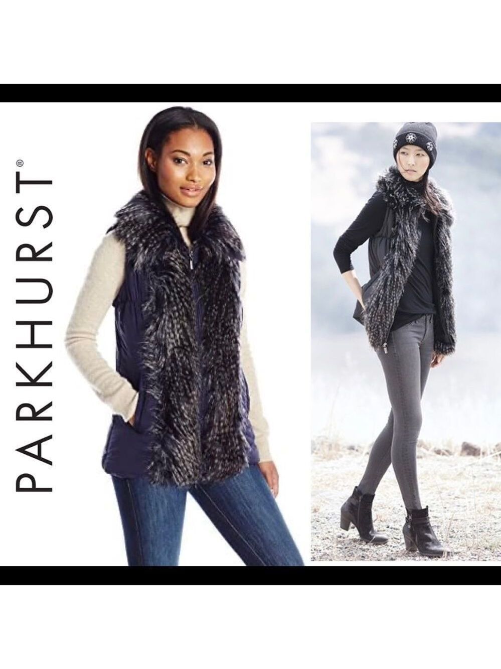PARKHURST NWOT navy blue Patrice Faux Fur trim puffer Vest Sz M